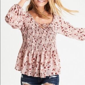 American Eagle Floral Smocked Blouse‎ Dusty Rose Pink Size M Fall Flowy Bohemian